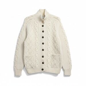 Hand Knit Aran Cardigan Men's Sz 42 Medium Scotland 100% Wool Fisherman Cream